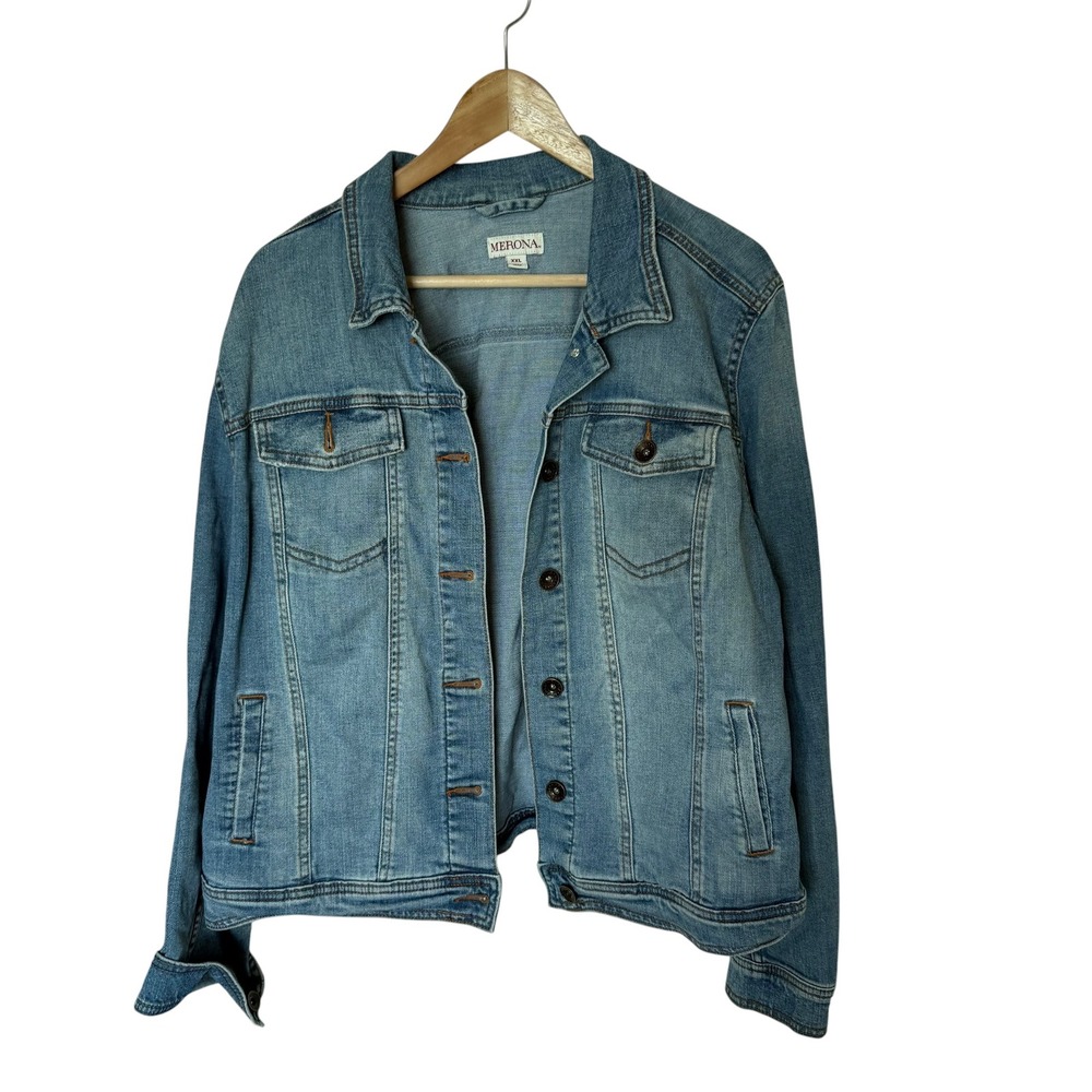 Merona Denim Jacket Womens XXL Light Blue Wash Good Stretch Trucker Jacket